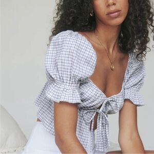 Reformation | Lena Top Gingham | Cropped Puff Sleeve Blouse Blue/ cream